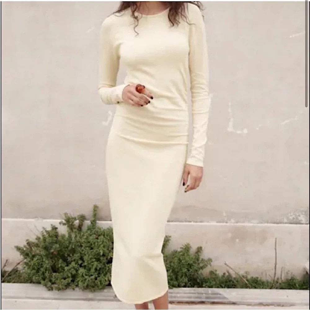 Zara Long-Sleeve Draped Knit Bodycon Minimalist Midi Dress, Beige Cream, Size‎ S - Picture 4 of 12